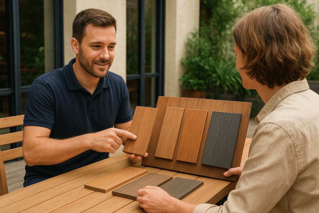 Un conseiller présentant des échantillons de bois à un client