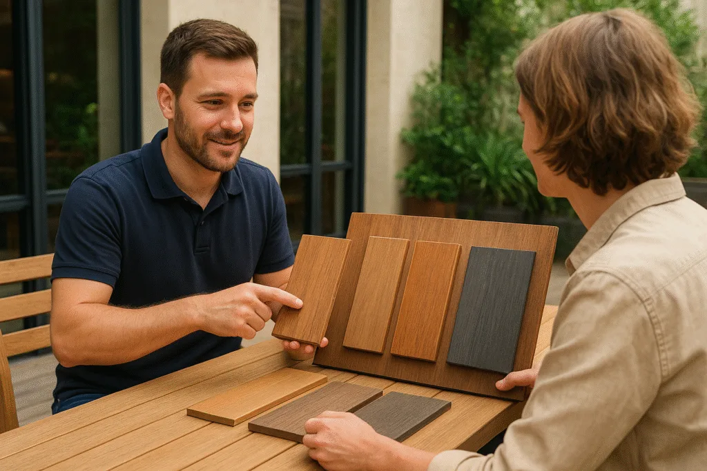 Un conseiller présentant des échantillons de bois à un client
